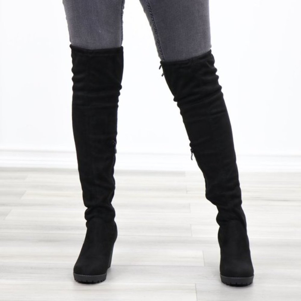 Lug Chunky Heel BlackThigh High Suede Boots - Picture 3 of 16